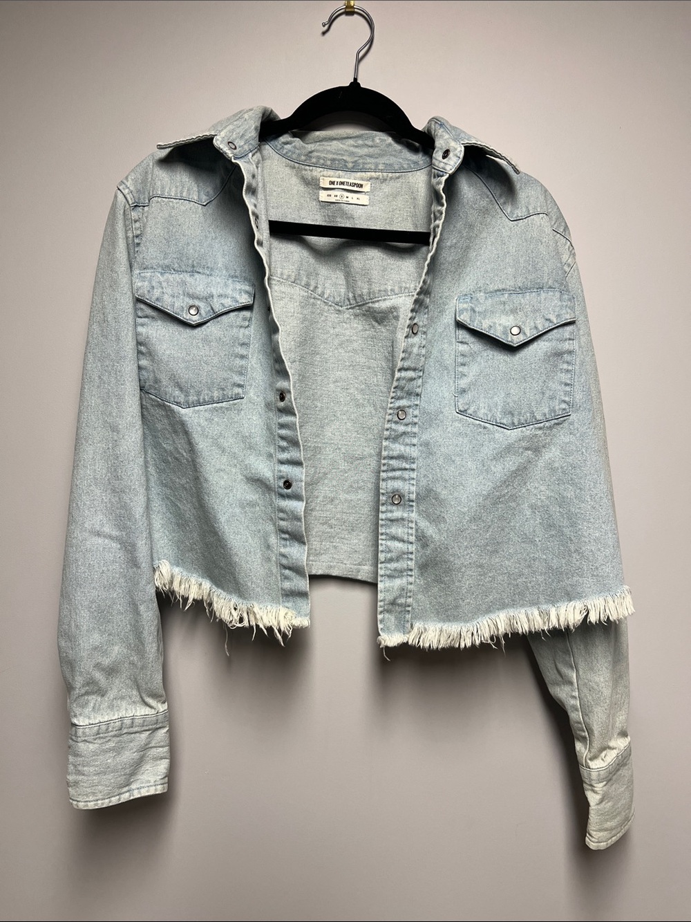 One Teaspoon Pale Blue Cropped Denim Jacket with Frayed Hem